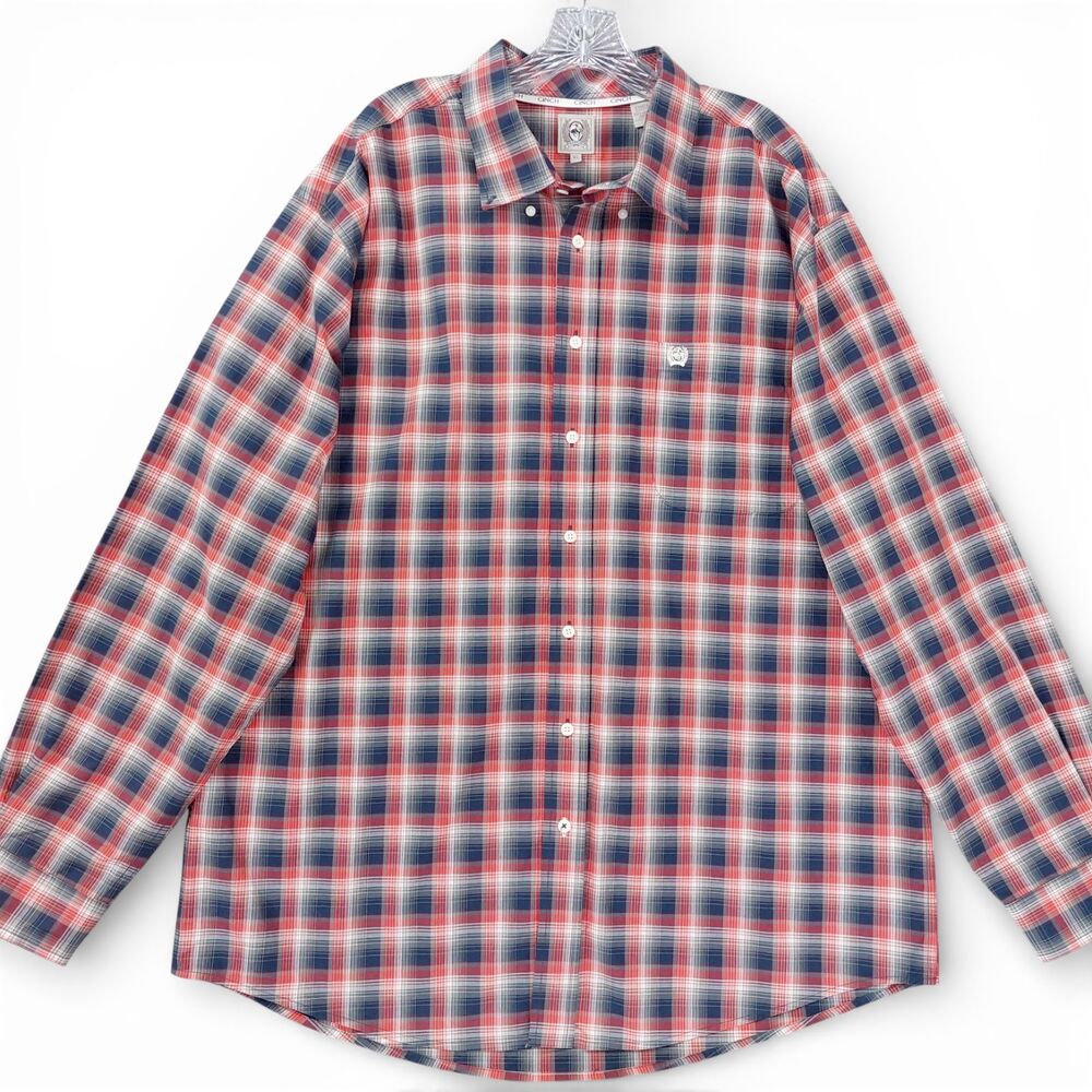 Cinch Mens XL Plaid Western Button Down Shirt Red Blue Long Sleeve Cotton